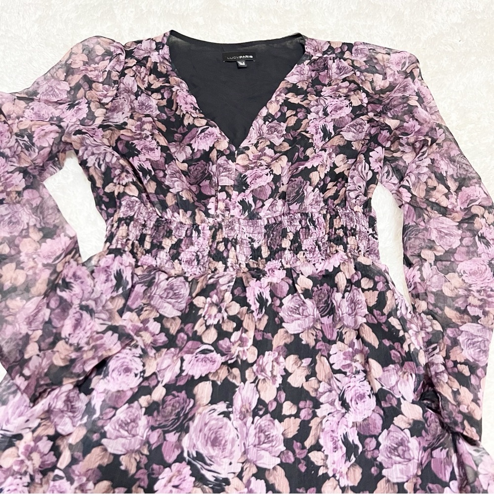 Lucy Paris Bristol Maxi Dress Purple Dark Floral V-neck Tiered Ruffled - Picture 8 of 15